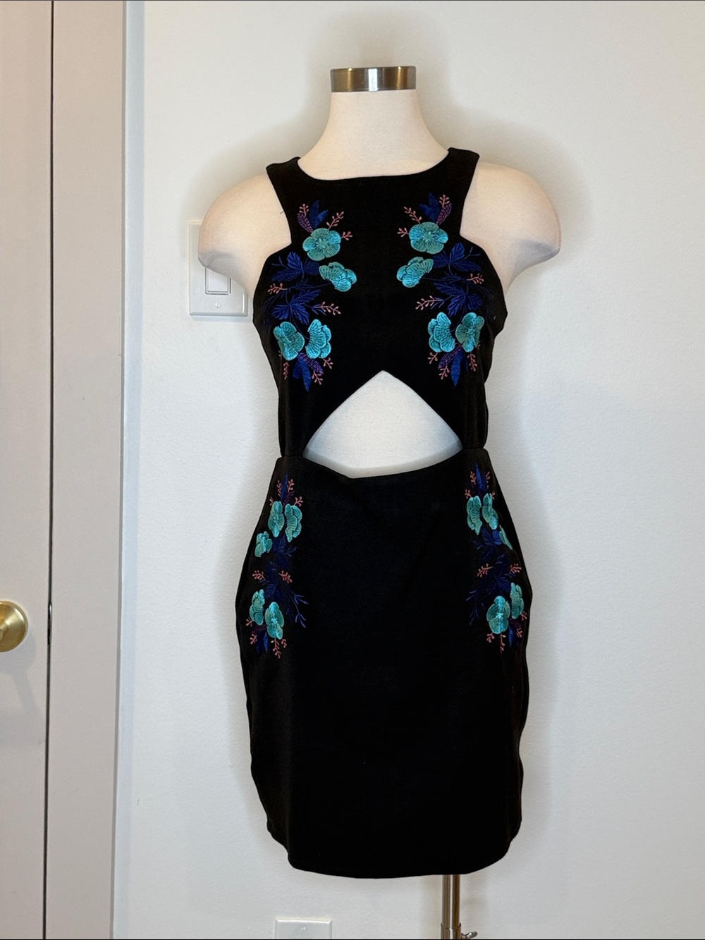Black Mini Dress with Teal Floral Embroidery and Cutout